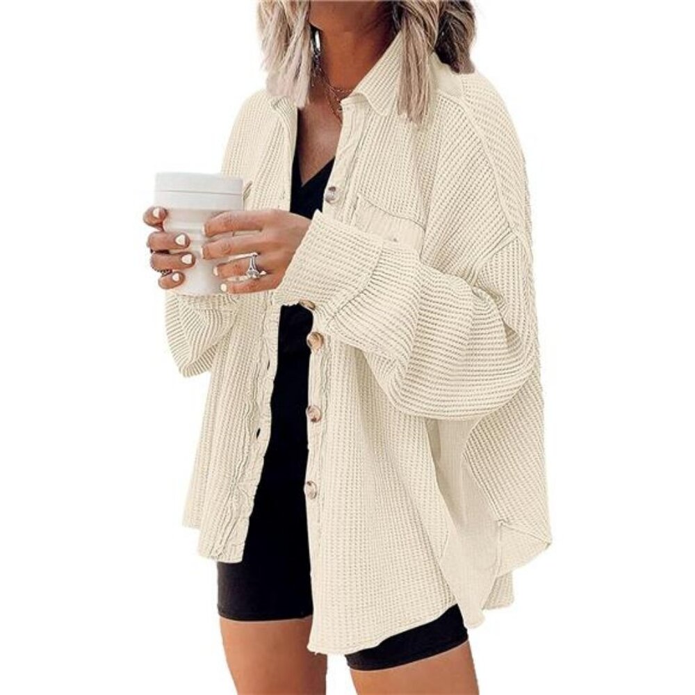 Women's Apricot‎ Shacket Waffle Knit Oversized Button Down Shirts Fall Outfits